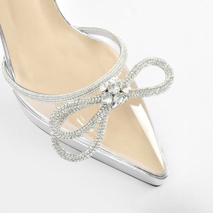 Pointed Toe Platform Rhinestone Bow Block Heel Pumps - Onlymaker