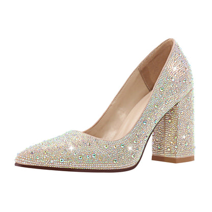 Rhinestone Pointed Toe Chunky Heel Pumps - Onlymaker