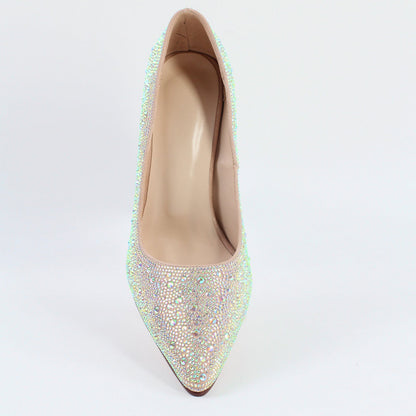 Rhinestone Pointed Toe Chunky Heel Pumps - Onlymaker