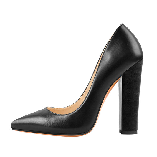 Matte Black Elegant Classic Pointed Toe Pumps Chunky Heels - Onlymaker