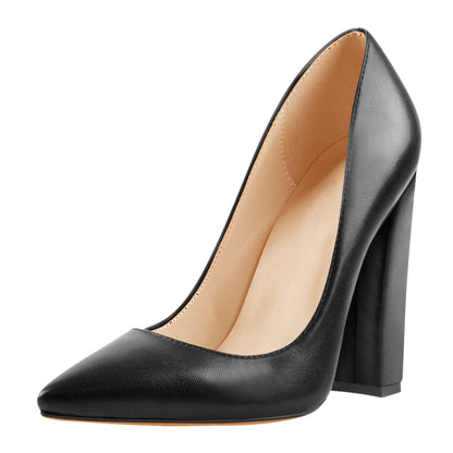 Matte Black Elegant Classic Pointed Toe Pumps Chunky Heels - Onlymaker