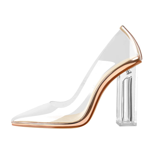 Clear Pointed Toe Block High Heel Pumps - Onlymaker