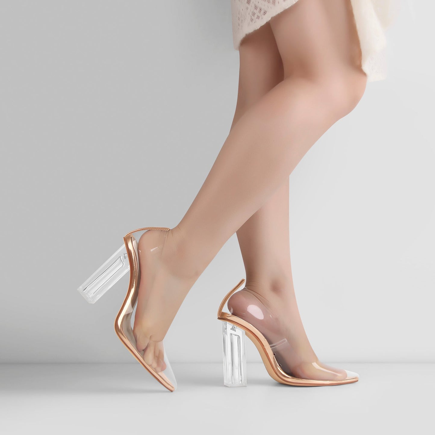 Clear Pointed Toe Block High Heel Pumps - Onlymaker