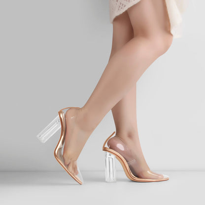 Clear Pointed Toe Block High Heel Pumps - Onlymaker