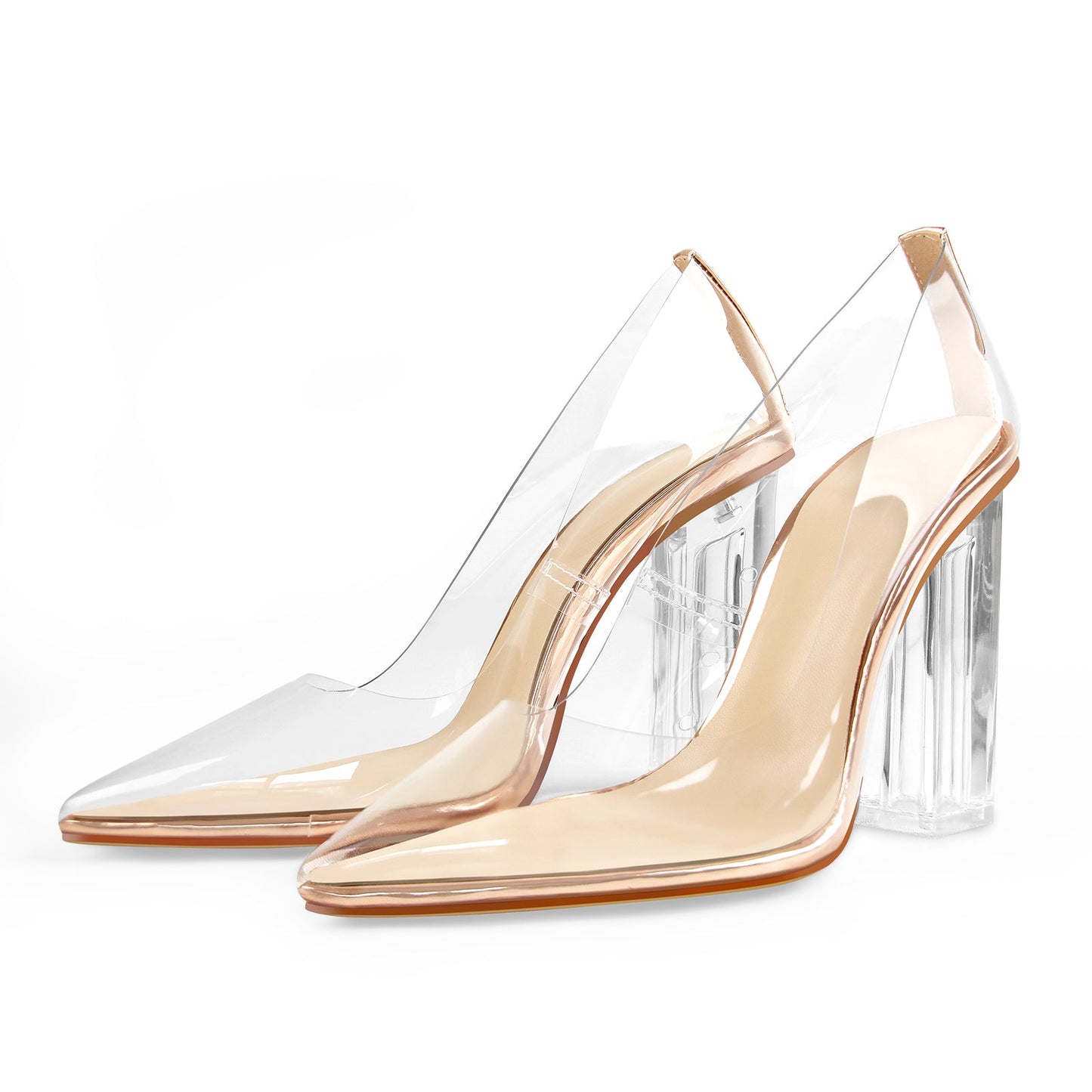 Clear Pointed Toe Block High Heel Pumps - Onlymaker