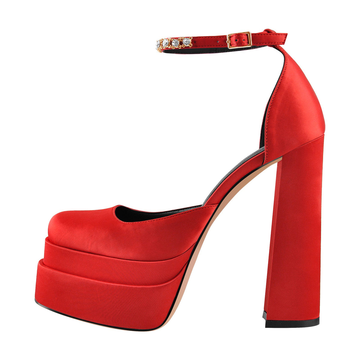 Red Rhinestone Double Platform Chunky Heel Pumps - Onlymaker
