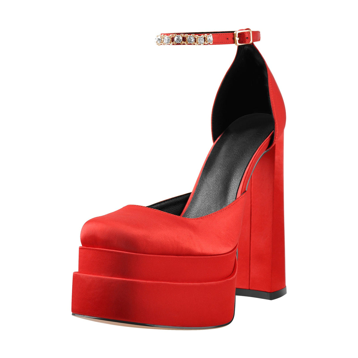 Red Rhinestone Double Platform Chunky Heel Pumps - Onlymaker