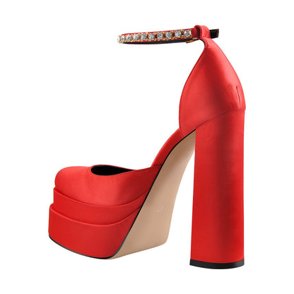 Red Rhinestone Double Platform Chunky Heel Pumps - Onlymaker