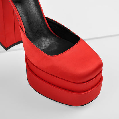 Red Rhinestone Double Platform Chunky Heel Pumps - Onlymaker