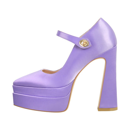 Pointed Toe Platform Satin Mary Jane Pumps - Onlymaker