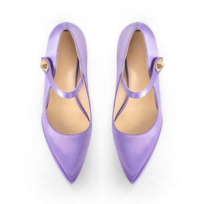Pointed Toe Platform Satin Mary Jane Pumps - Onlymaker