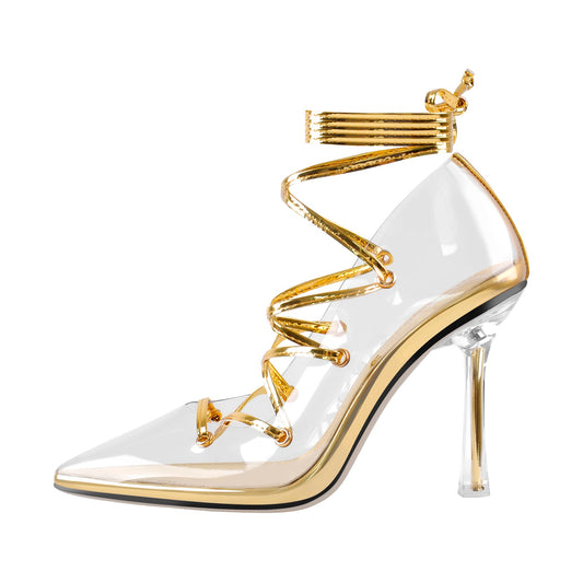 Pointed Toe Lace-Up Transparent Stilettos Pumps - Onlymaker