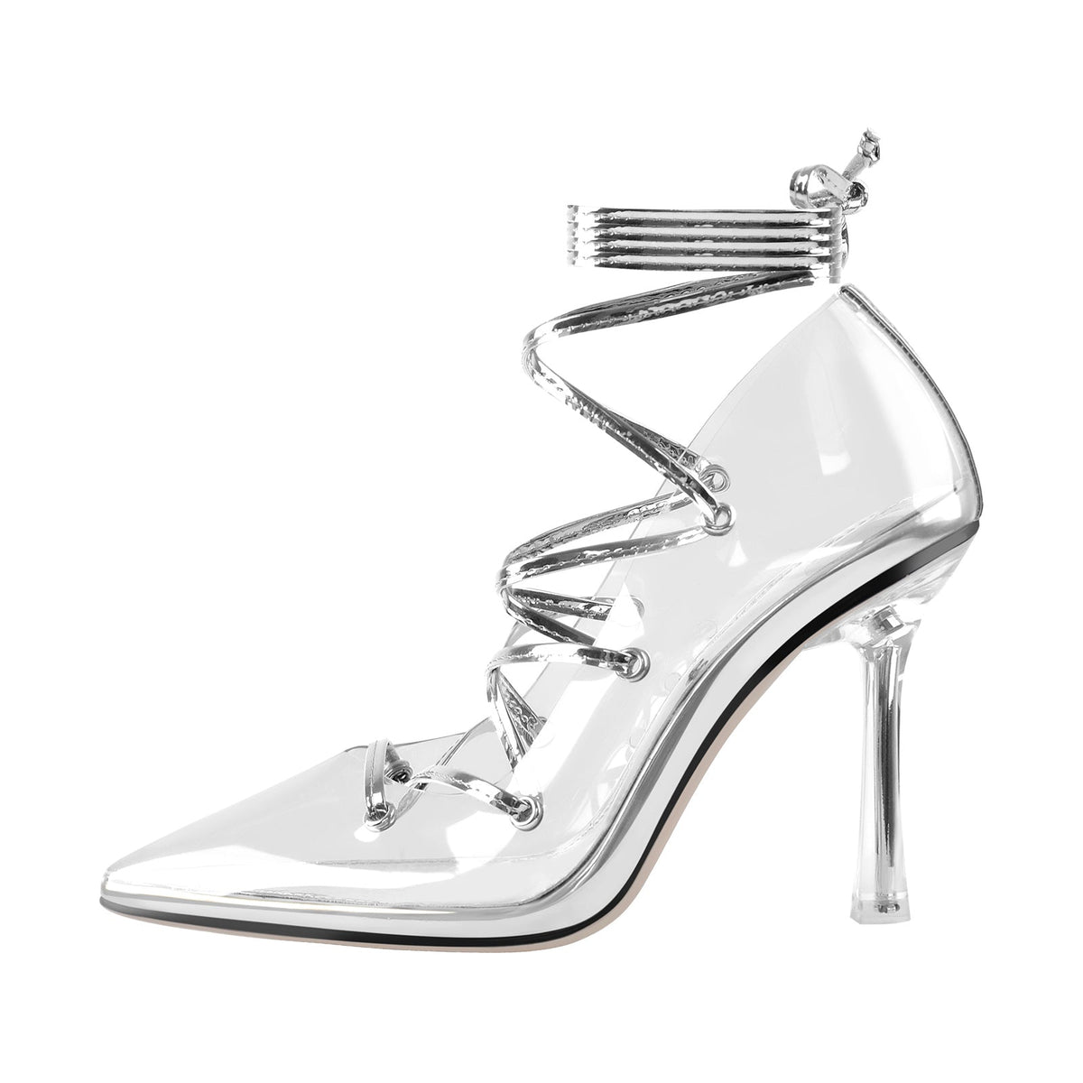 Pointed Toe Lace-Up Transparent Stilettos Pumps - Onlymaker