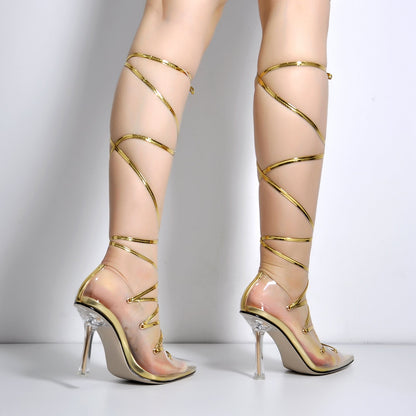 Pointed Toe Lace-Up Transparent Stilettos Pumps - Onlymaker