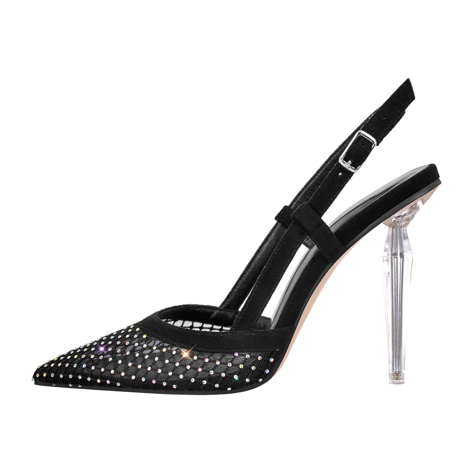 Pointed Toe Rhinestone Slingback Clear Heel Pumps - Onlymaker