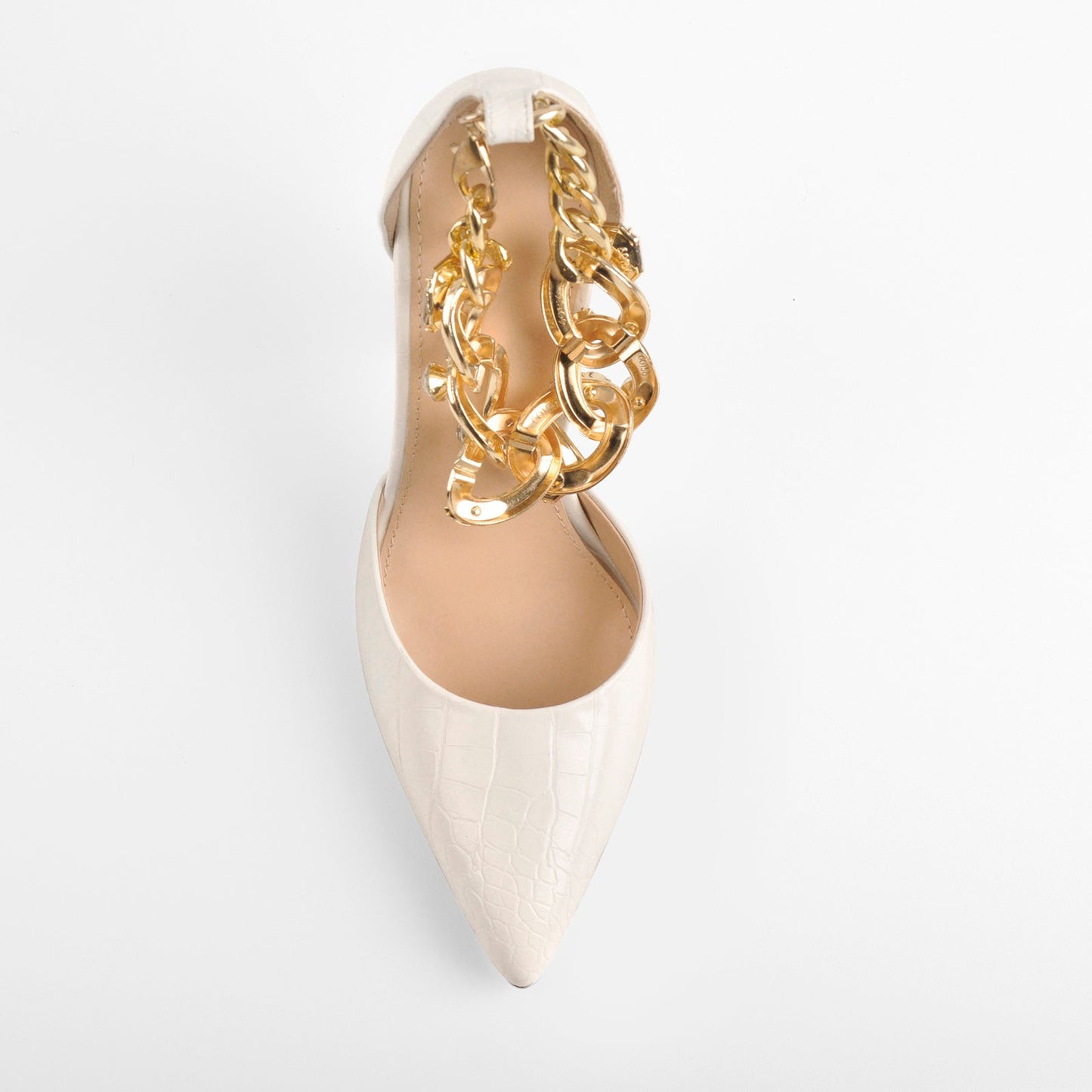 Stone White Pointed Toe Metal Chain Clear Stiletto Pumps - Onlymaker