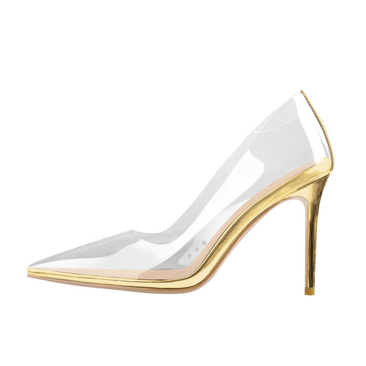 Transparent Pointed Toe Slip on Gold High Heel Stiletto Pumps - Onlymaker