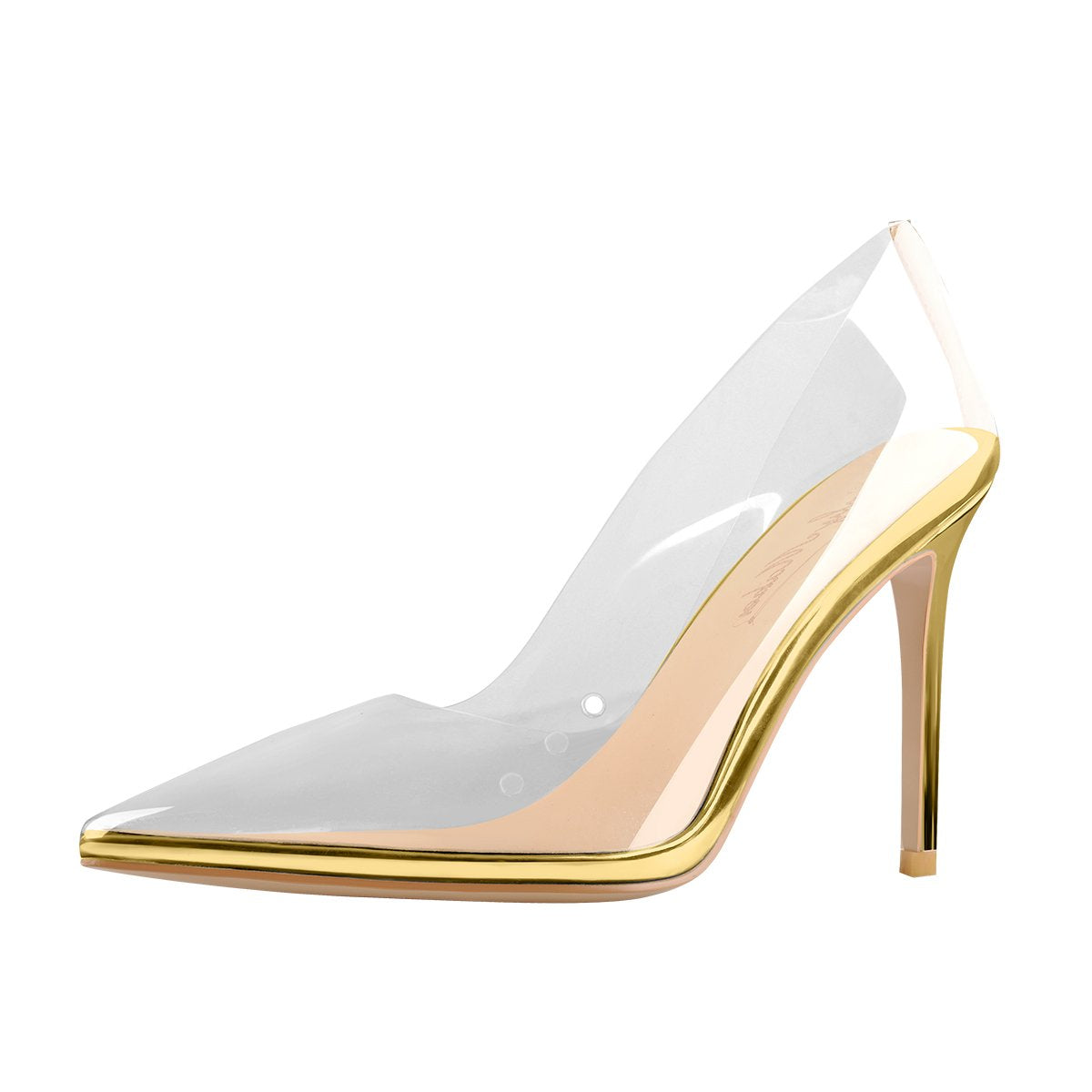 Transparent Pointed Toe Slip on Gold High Heel Stiletto Pumps - Onlymaker