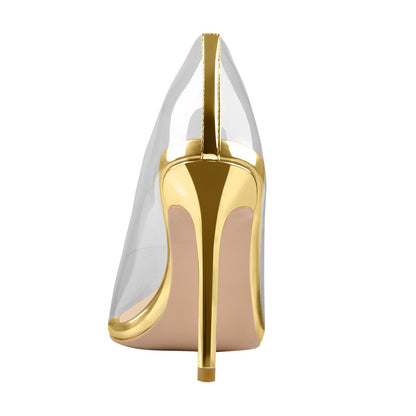 Transparent Pointed Toe Slip on Gold High Heel Stiletto Pumps - Onlymaker