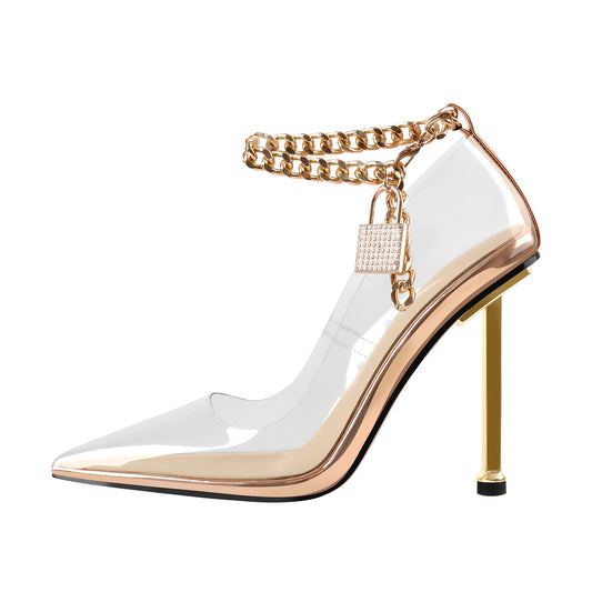 Clear Pointed Toe Metal Chain Lock High Metal Heels Stiletto Pumps - Onlymaker