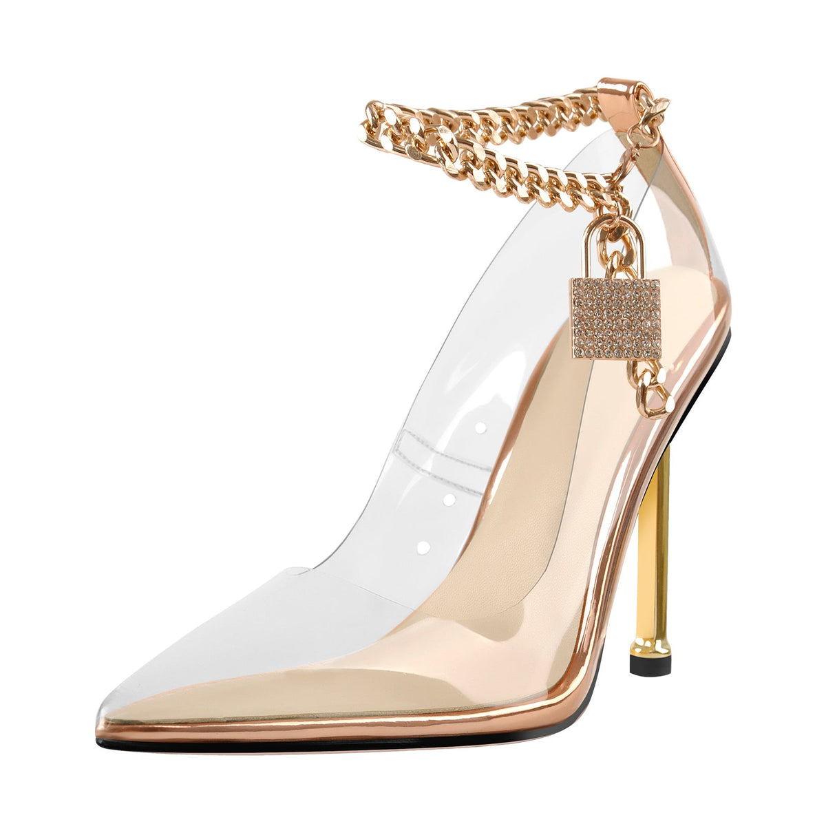 Clear Pointed Toe Metal Chain Lock High Metal Heels Stiletto Pumps - Onlymaker