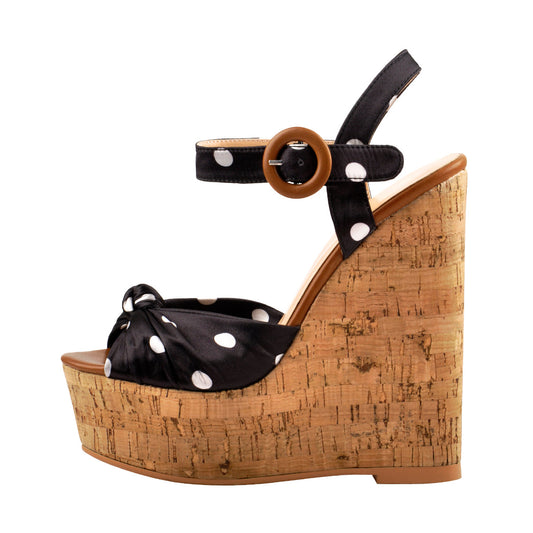 Polka Dot Open Toe Wood Heel Wedge Sandals - Onlymaker