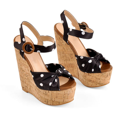 Polka Dot Open Toe Wood Heel Wedge Sandals - Onlymaker