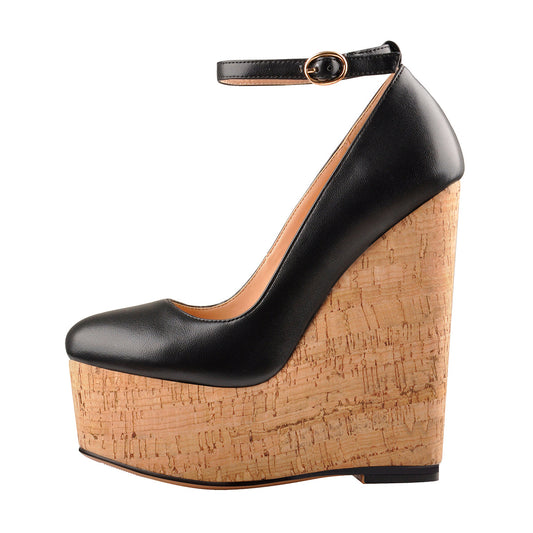 Wood Grain Platform Wedges Round Toe Buckle Strap Pumps - Onlymaker
