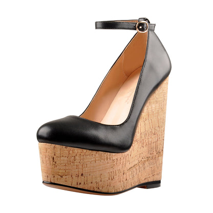 Wood Grain Platform Wedges Round Toe Buckle Strap Pumps - Onlymaker