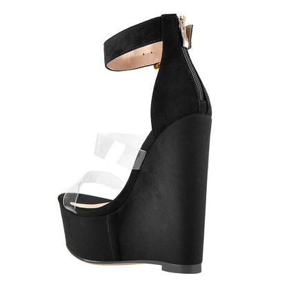 Suede Platform Transparent Strap Wedge Sandals - Onlymaker