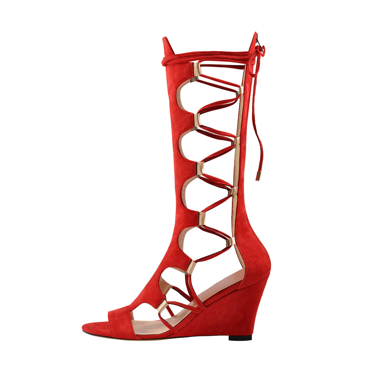 Lace Up Gladiator Cutout Wedge Sandal Boots - Onlymaker