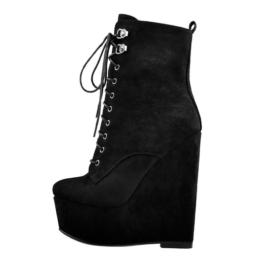 Black Suede Lace Up Platform Wedges Ankle Boots - Onlymaker