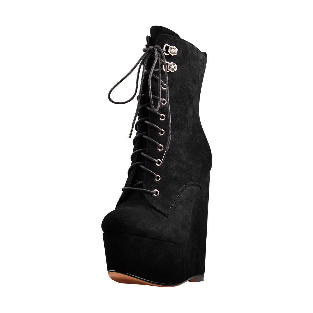 Black Suede Lace Up Platform Wedges Ankle Boots - Onlymaker