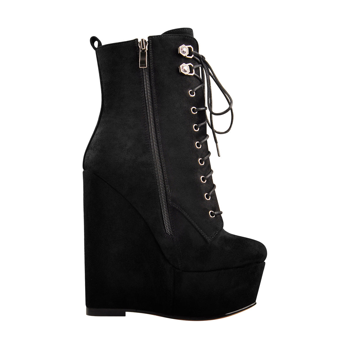 Black Suede Lace Up Platform Wedges Ankle Boots - Onlymaker