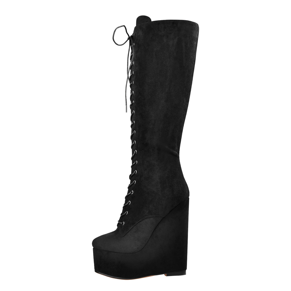 Suede Round Toe Wedge Heel Lace Up Zip Knee High Boots - Onlymaker