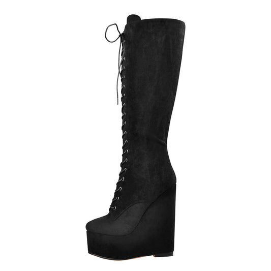 Suede Round Toe Wedge Heel Lace Up Zip Knee High Boots - Onlymaker