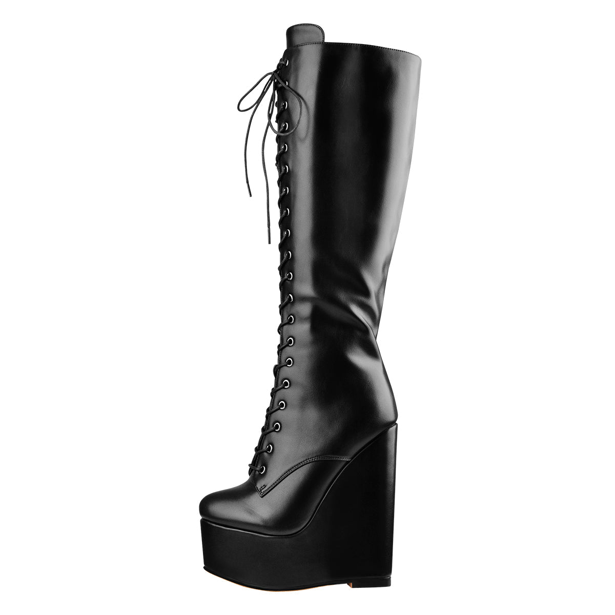 Round Toe Wedge Heel Lace Up Zip Knee High Boots - Onlymaker