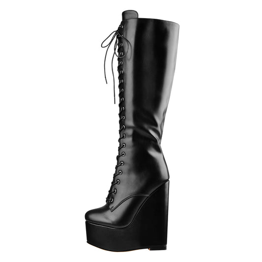Round Toe Wedge Heel Lace Up Zip Knee High Boots - Onlymaker