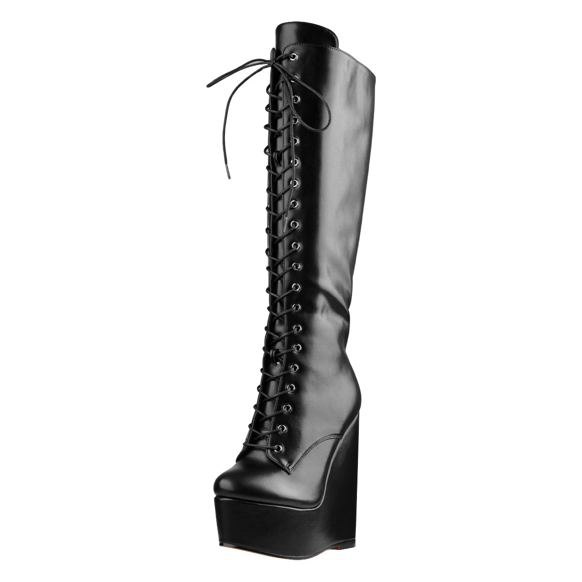 Round Toe Wedge Heel Lace Up Zip Knee High Boots - Onlymaker