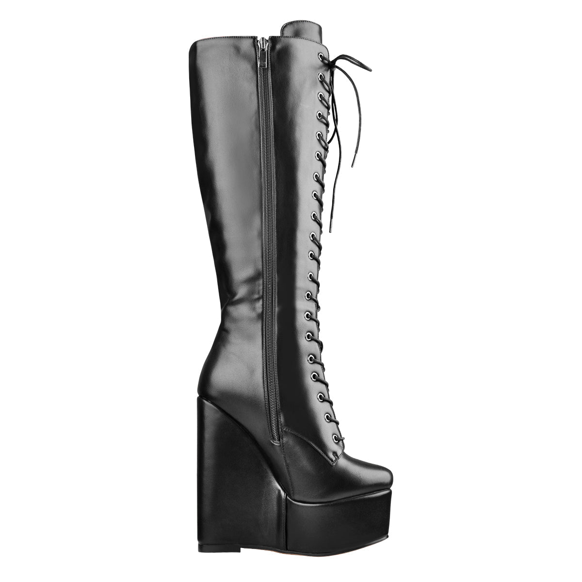 Round Toe Wedge Heel Lace Up Zip Knee High Boots - Onlymaker