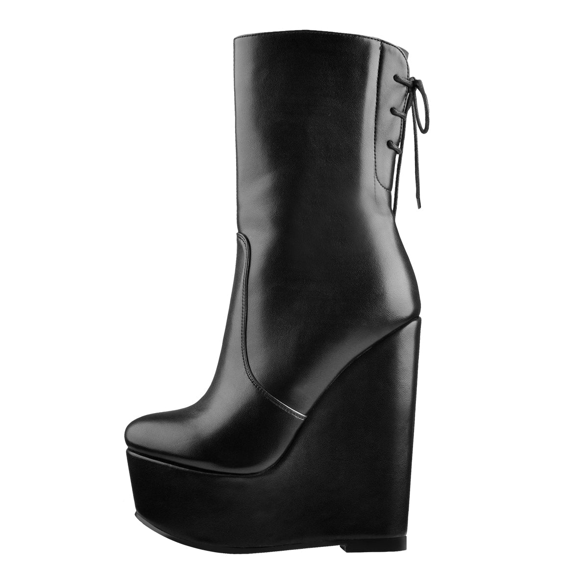 Round Toe Black Lace Up Zip Wedges Ankle Boots - Onlymaker