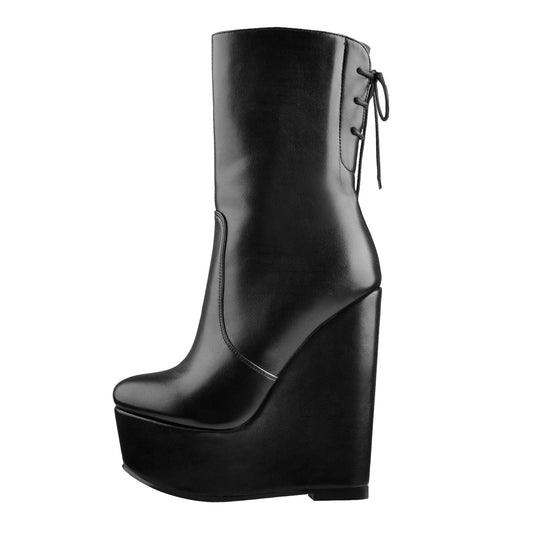 Round Toe Black Lace Up Zip Wedges Ankle Boots - Onlymaker
