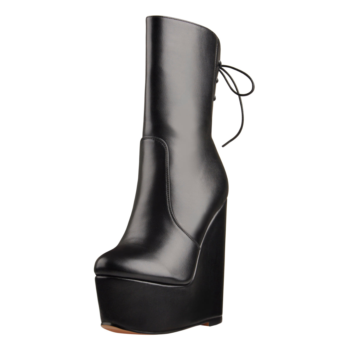 Round Toe Black Lace Up Zip Wedges Ankle Boots - Onlymaker