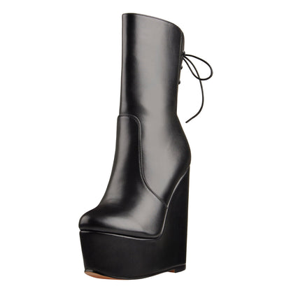 Round Toe Black Lace Up Zip Wedges Ankle Boots - Onlymaker