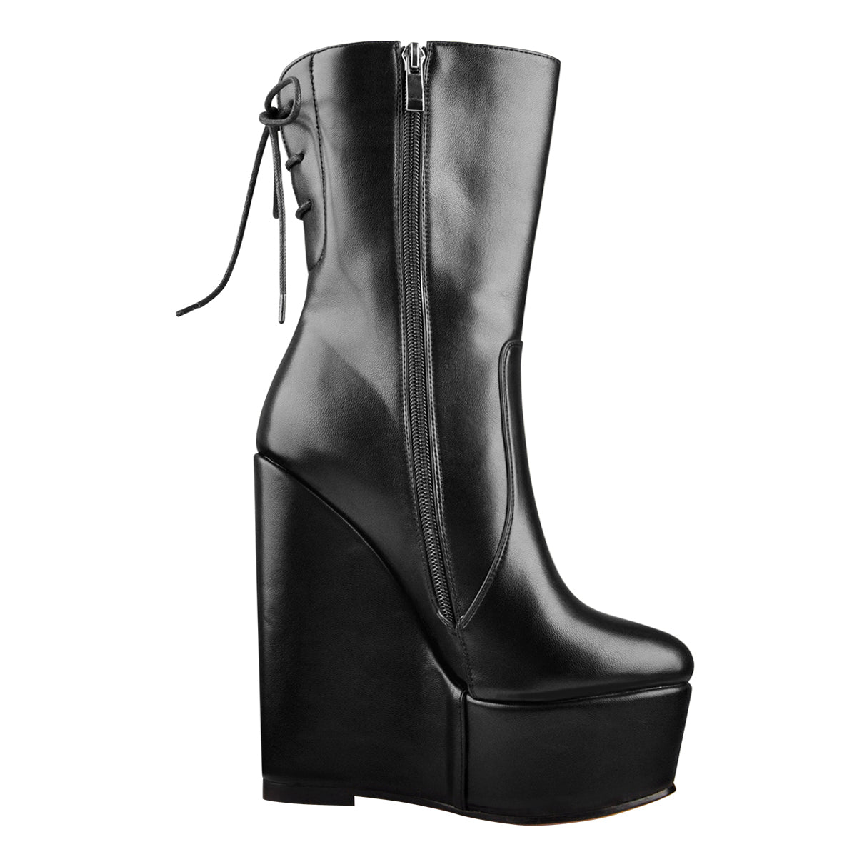 Round Toe Black Lace Up Zip Wedges Ankle Boots - Onlymaker