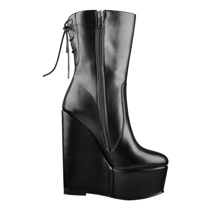 Round Toe Black Lace Up Zip Wedges Ankle Boots - Onlymaker