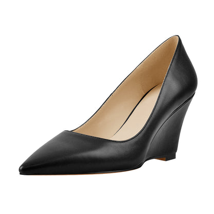 Black Pointed Toe Wedge High Heel Pumps - Onlymaker