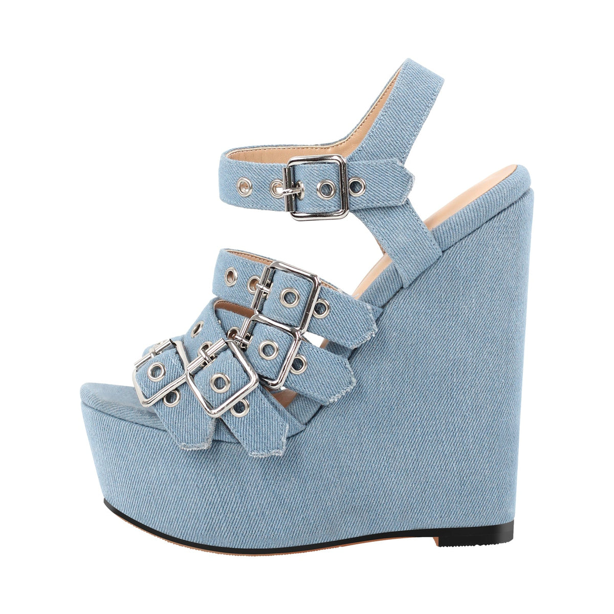 Denim Platform Wedge Heel Buckle Strap Sandals - Onlymaker