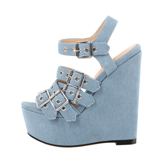 Denim Platform Wedge Heel Buckle Strap Sandals - Onlymaker