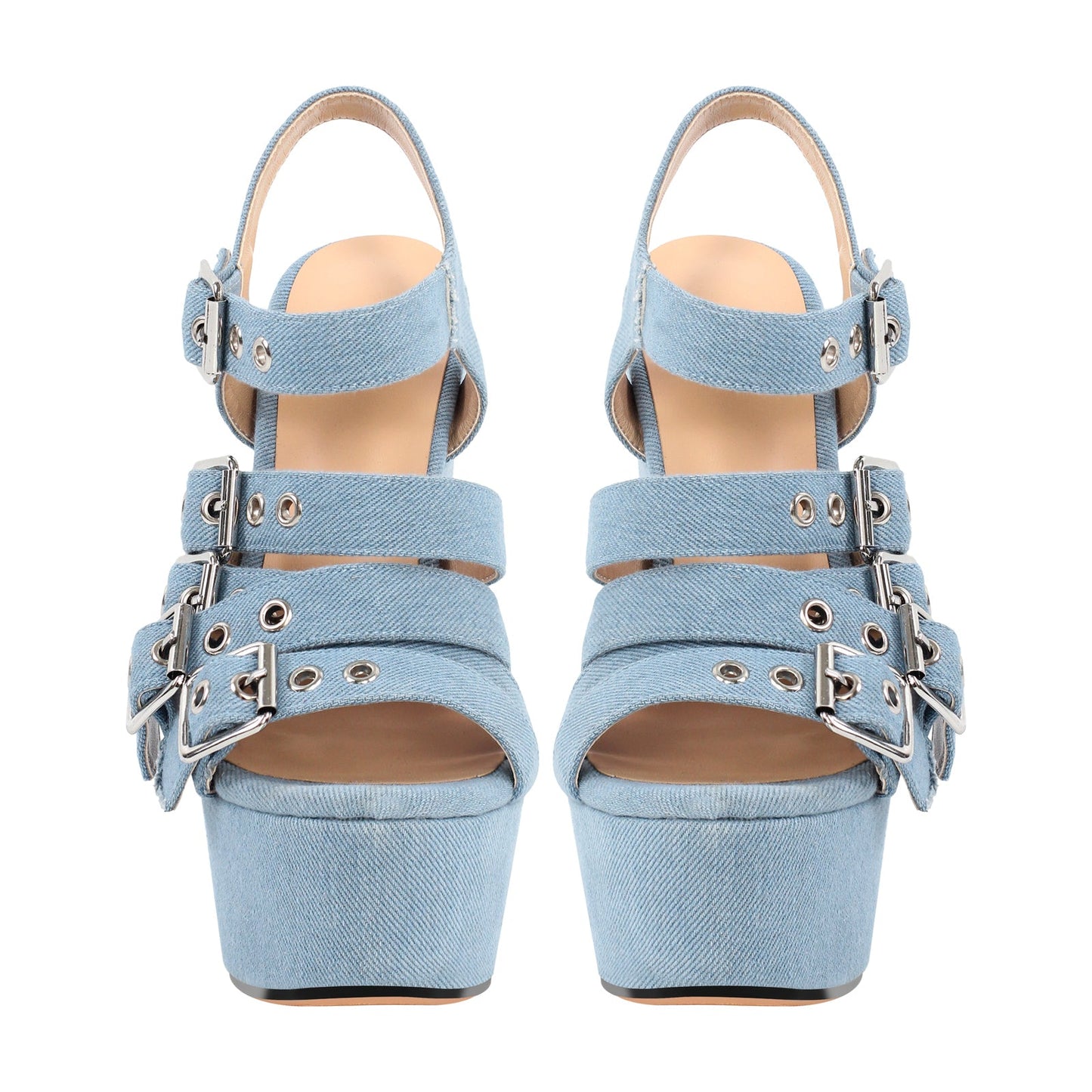 Denim Platform Wedge Heel Buckle Strap Sandals - Onlymaker